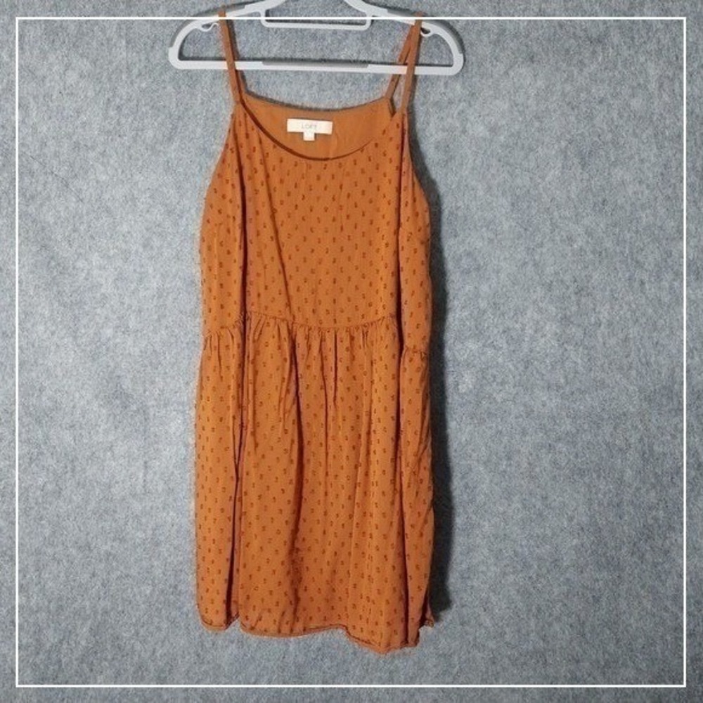 LOFT Dress M Swiss Dot Pleated‎ Rust Spaghetti Strap Cottage Prairie Sundress